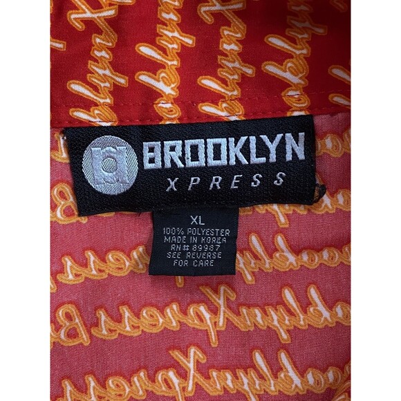 Brooklyn Xpress Red Orange All over Logo Spellout Print Hawaiian Shirt Size XL - Picture 3 of 4
